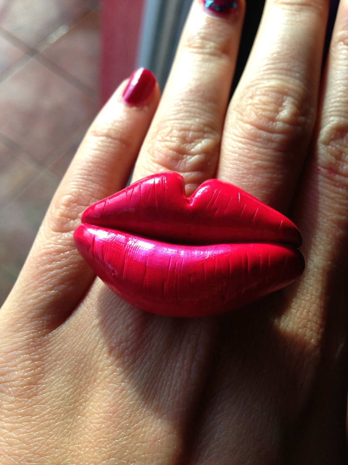 Double Ring Red Lip Glam Two Finger Ring Red Lipstick Girly Ring
